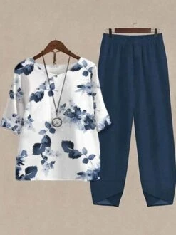 Plus Size Casual Crew Neck Two-Piece Set