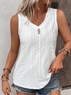 Loose V Neck Casual Buttoned Eyelet Embroidery Front Tank Top