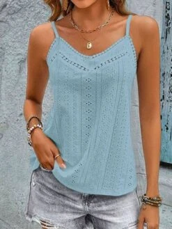 Lace Casual V Neck Plain Eyelet Cami -Zolucky Sales Store 5bdfbf8652a4e8e99009238927659a15