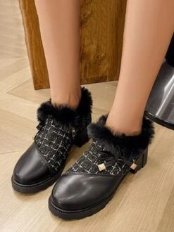 Elegant Bowknot Tweed Plaid Paneled Block Heel Slip On Shoes -Zolucky Sales Store 5c0b5e8e8b58a7eceaa2d74878ba0c64