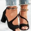 Beads Decor Chunky Heel Ankle Strap Sandals