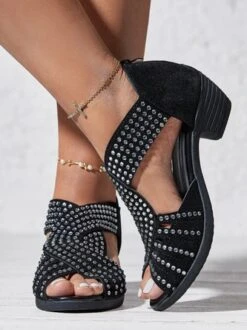 Black Rhinestone Hollow Peep Toe Chunky Heel Dress Sandals -Zolucky Sales Store 5d6fd3c96c5b62d4676948672ce6cfb2