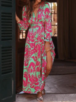 Casual Print V Neck Dress