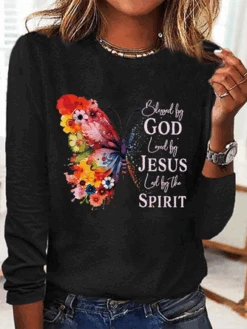 Blessed By God Loved By Jesus Led By The Spirit Cotton-Blend Casual Butterfly Print Long Sleeve Shirt
