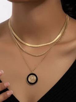 Stylish Color-block Embossed Coin Multi-layer Necklace