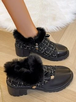 Elegant Bowknot Tweed Plaid Paneled Block Heel Slip On Shoes -Zolucky Sales Store 603f2f3f509adcfbbc90b61546f72741