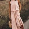 Women Vintage Boho Sleeveless Round Neck Solid Maxi Weaving Dress