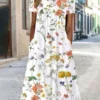 Disty Floral Daily Casual Jersey Loose Short Sleeve Crew Neck Vacation Midi Dress