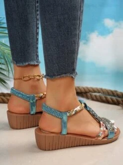 Women Rhinestone Floral Print Braided Ankle Strap Wedge Sandals -Zolucky Sales Store 619698e3991a02a1c8e6ec680fa3f06f