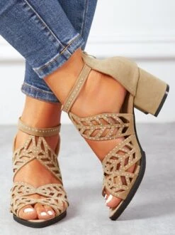 Ladies Elegant Cutout Open Toe Block Heel Sandals -Zolucky Sales Store 629eb0fe4325c8df5d7f2c774908cf77