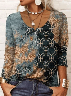 Plus Size Crew Neck Casual Ethnic Loose T-Shirt