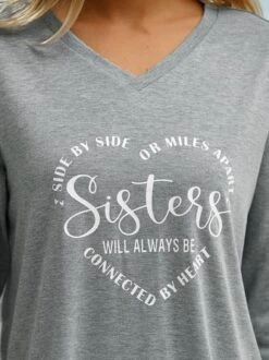 Women Sister Text Letters Regular Fit Jersey H-Line Casual V Neck Long Sleeve T-Shirt -Zolucky Sales Store 64c25d26f92e905465bd6c24e6bbab2c