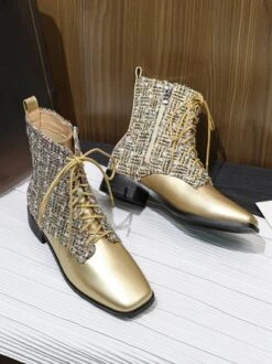 Women Tweed Plaid Fashion Square Toe Boots -Zolucky Sales Store 651a90e6f84af9b32b97801dd9d915df