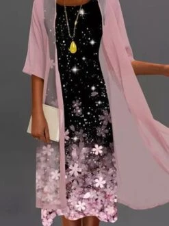 Two Piece Floral Sleeveless Round Neck Printed Dress With Three Quarter Outwear -Zolucky Sales Store 654ff7c7f27267a3d4cc13c99f30a1cb