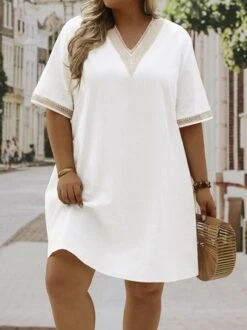 Plus Size Casual Cotton Lace Plain Dress