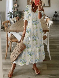 Loose V Neck Casual Floral Dress