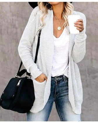 Yarn/Wool Yarn Plain Long Sleeve Daily Casual Loose Mid-long Cardigan 2 Yarn/Wool Yarn Plain Long Sleeve Daily Casual Loose Mid-long Cardigan - Image 2