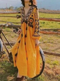 Printed Vintage V Neck Long Sleeve Weaving Dress