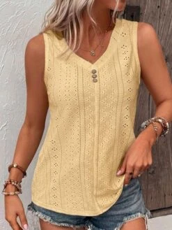 Loose V Neck Casual Buttoned Eyelet Embroidery Front Tank Top -Zolucky Sales Store 696a160f0c047a485ca6d04ba5ccd2d3