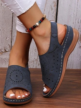 Ethnic Pattern Punched Hollow Velcro Vintage Hook And Loop Comfortable Wedge Sandals For Women 2 Ethnic Pattern Punched Hollow Velcro Vintage Hook And Loop Comfortable Wedge Sandals For Women - Image 2