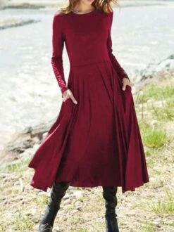 Casual Loosen Crew Neck Jersey A-Line Long Sleeve Midi Dress -Zolucky Sales Store 69acf9cf0b4de31b54c88ce29007f979