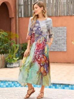 Women Casual 3/4 Sleeve Round Neck Floral Print Maxi Dress -Zolucky Sales Store 6a1ad655d60bf85a5c87d523a0670805