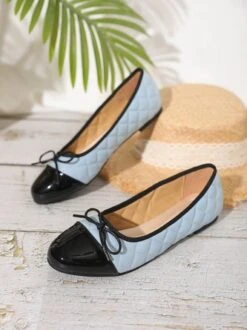 Casual Bow Decor Color Block Quilted Ballet Flats