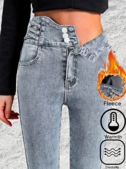 Fleece Plain Casual Denim Jeans