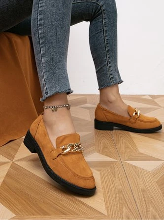 Women Chain Decor Block Heel Faux Suede Loafers 2 Women Chain Decor Block Heel Faux Suede Loafers - Image 2