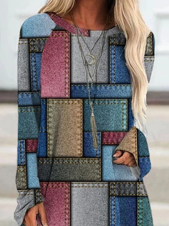 Color Block Casual Long Sleeve Loose T-Shirt TUNIC 2 Color Block Casual Long Sleeve Loose T-Shirt TUNIC - Image 2