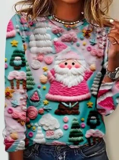 Plus Size Christmas Santa Claus 3D Printing Crew Neck Buttoned Loose Casual Long Sleeve T-Shirt