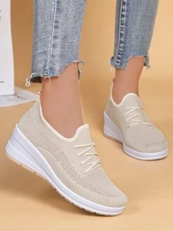 Casual Lace-up Decor Breathable Flyknit Wedge Heel Slip On Sneakers -Zolucky Sales Store 6b6c887c109ed3eebd4c16c4cff8eb2f