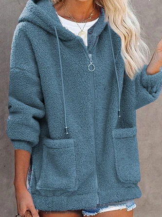 Loose Zipper Hoodie Casual Plain H-Line Mid-long Teddy Jacket With Pockets 1 Loose Zipper Hoodie Casual Plain H-Line Mid-long Teddy Jacket With Pockets