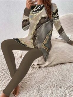 Plus Size Casual Abstract Print Crew Neck Long Sleeve Top With Pants Jersey Loose Two-Piece Set