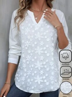 Loose Embroidery Notched Casual Shirt