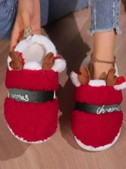 Christmas Letters Embroidery Color Block Fluffy Toe-covered Slippers