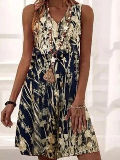 Vacation Plants Floral Pattern Loosen V Neck Sleeveless Jersey Dress