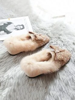 Rhinestone Imitation Pearl Bowknot Furry Party Slip On Shoes -Zolucky Sales Store 70174c13e1f025d972c5614a3fa24de1