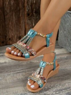 Women Rhinestone Floral Print Braided Ankle Strap Wedge Sandals -Zolucky Sales Store 708d389de6e268156f9a9a49e685deb8