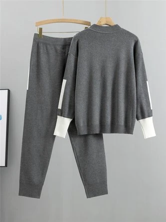 Yarn/Wool Color Block Crew Neck H-Line Long Sleeve Top With Pants Heavyweight Warmth Casual Two-Piece Set 2 Yarn/Wool Color Block Crew Neck H-Line Long Sleeve Top With Pants Heavyweight Warmth Casual Two-Piece Set - Image 2