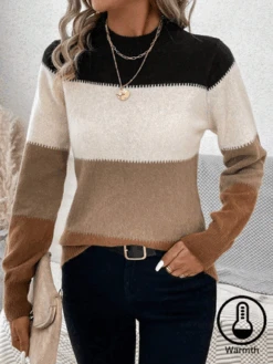 Casual Loose Yarn/Wool Yarn Winter Heavyweight Color Block H-Line Half Turtleneck Sweater