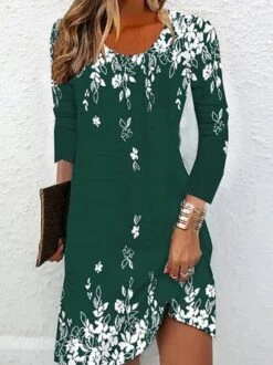 Floral Crew Neck Casual Jersey Long Sleeve H-Line Midi Dress -Zolucky Sales Store 7179c72aa7db0daec13149743b0e7c62