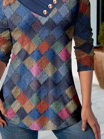 Plus Size Mosaic Abstract Print Tunic Asymmetrical V Neck Jersey Casual Loose H-Line Long Sleeve T-Shirt 3 Plus Size Mosaic Abstract Print Tunic Asymmetrical V Neck Jersey Casual Loose H-Line Long Sleeve T-Shirt - Image 3