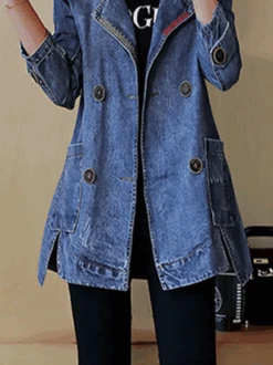 Lapel Collar Plain Denim Buttoned Casual H-Line Long Sleeve Jacket With Pockets -Zolucky Sales Store 7214e8a97c1f2ec6a41e01e344ee66cb