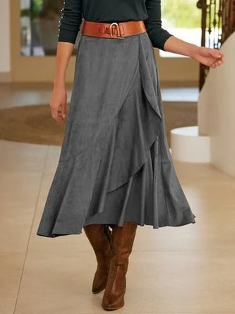 Casual Plain Autumn Suede Natural Daily Loose Midi A-Line Skirt For Women 4 Casual Plain Autumn Suede Natural Daily Loose Midi A-Line Skirt For Women - Image 4