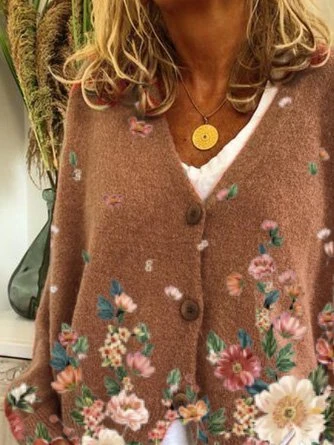 Casual Floral Shift V Neck Sweater Coat 2 Casual Floral Shift V Neck Sweater Coat - Image 2