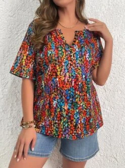 Plus Size Half Open Collar Abstract Jersey Casual T-Shirt -Zolucky Sales Store 733a5f1619f5bc3ae2fe6f1b34bf56d0