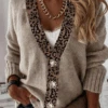 Zolucky Women Casual Champagne Leopard V Neck Casual Caridigans