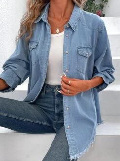 Casual Plaid Loose Shirt Collar Denim Jacket