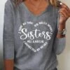 Women Sister Text Letters Regular Fit Jersey H-Line Casual V Neck Long Sleeve T-Shirt